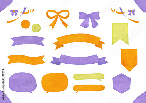 かわいい水彩の吹き出しやリボンのフレームイラストセット（ハロウィン・紫・オレンジ・緑）	