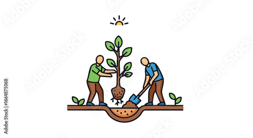 two individuals planting a young tree in soil with sunlight symbol above illustrating environmental conservation efforts