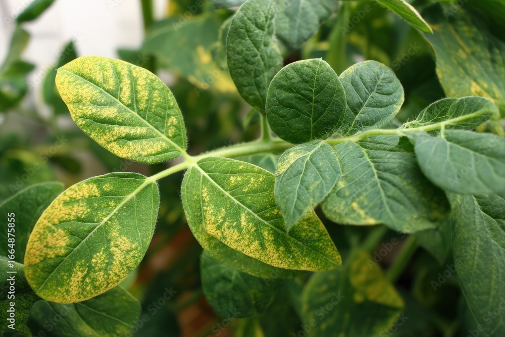 Obraz premium Soybean and tomato leaves display yellowing, spots, and damage from beetle infestations, highlighting plant stress and the impact of pests on crop health.