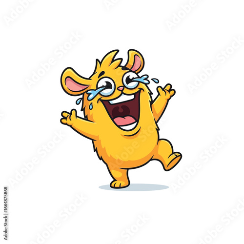 A cartoon creature with yellow fur laughs hysterically, showing joy and happiness.