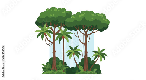 Lush tropical rainforest scene with diverse trees and cascading waterfalls emphasizing vibrant greenery and serene natural beauty