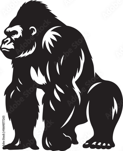 Gorilla Family Silhouette Vector – Black and White Wildlife Illustration of Parent and Baby Apes