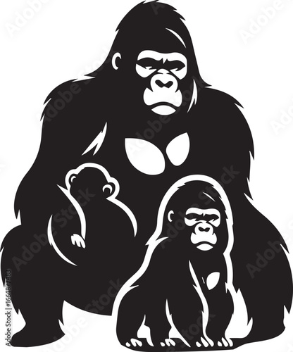 Gorilla Family Silhouette Vector – Black and White Wildlife Illustration of Parent and Baby Apes
