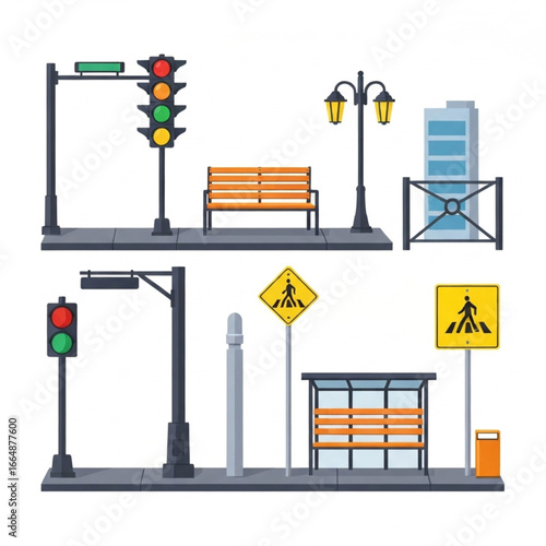 Street elements including traffic lights, signs, benches, bus stop and building.