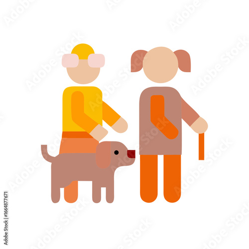 Elderly couple walking a dog in a simple and colorful style  