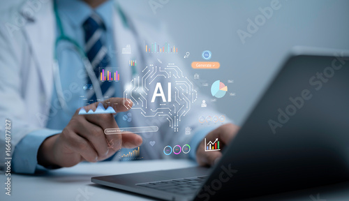 Doctor using laptop with AI interface, medical data visualization and analytics icons, representing artificial intelligence in healthcare, smart hospital technology and patient care