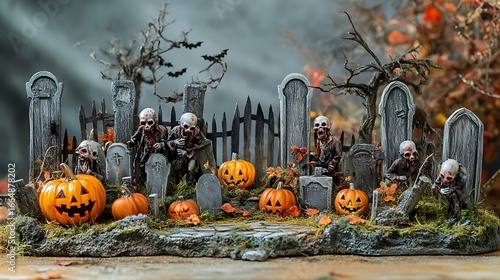 Haunted graveyard with zombies and pumpkins near an old wooden Halloween decoration board