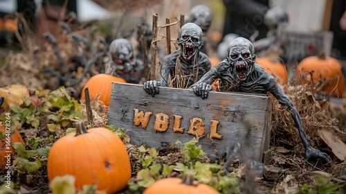 Haunted graveyard with zombies and pumpkins near an old wooden Halloween decoration board