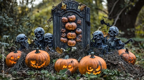 Graveyard Halloween scene with pumpkins zombies and spooky wooden decoration sign