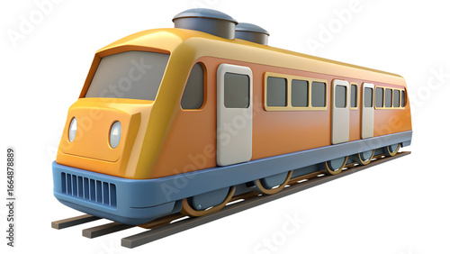 A stylized cartoon train with yellow and orange coloring on a track against a transparent background