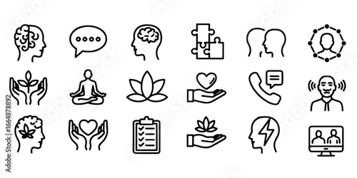 Mental Health and Therapy Vector Icon Set – Editable Line Style Icons for Brain, Speech Bubble, Puzzle, Conversation, Meditation, Lotus, Support, Empathy, Counselling, Cloud Thinking, Checklist, 