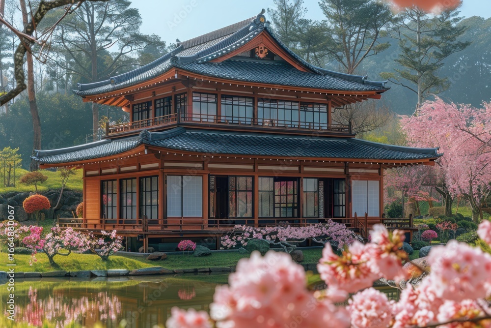 Obraz premium A pagoda near water with cherry blossoms surrounding it