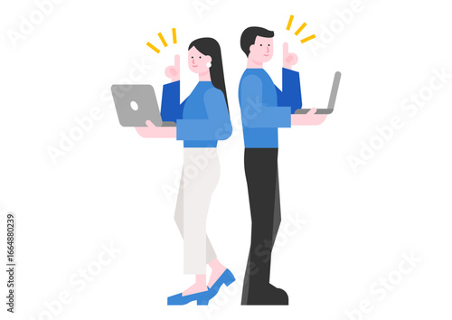 パソコンを使う男女ビジネスチームとひらめき