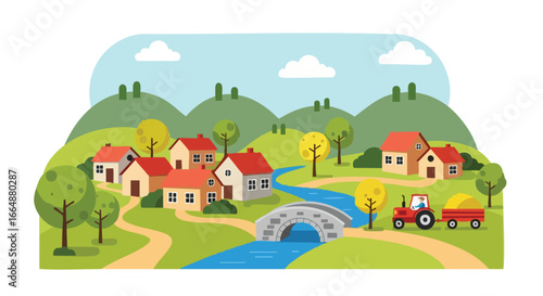 Charming rural village with rolling green hills vibrant trees and a flowing river under a clear sky featuring a small stone bridge and colorful houses