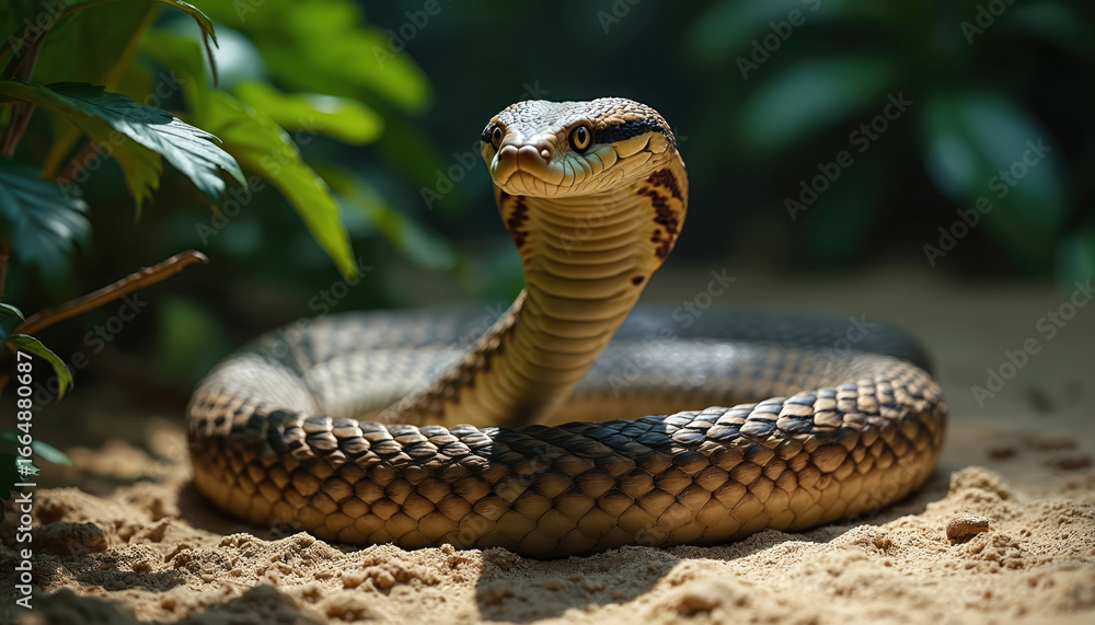 Naklejka premium King cobra in defensive stance, hood flared. Intricate scale patterns glisten. Natural jungle setting with blurred green foliage. Reptile poised on sandy ground, exhibiting its power and beauty.