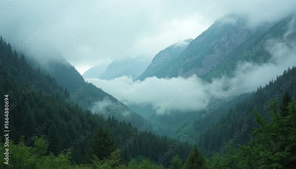 Obraz premium Misty mountains forest landscape photo. Green pine trees, tranquil scenery. Fog, cloud cover over high mountain range. Serene wilderness with peaks, valleys, hiking trail. Travel, nature, calm
