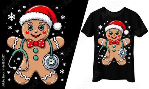 Christmas Gingerbread Nurse Stethoscope, T-Shirt Design.

