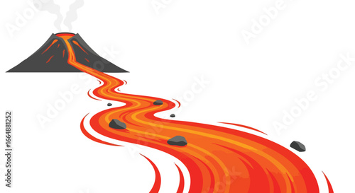 Illustration of a flowing lava stream originating from an erupting volcano showcasing vivid fiery colors and dynamic movement in a minimalistic style