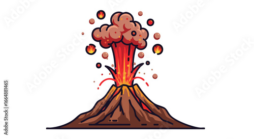 Vivid cartoon depiction of a volcanic eruption showcasing explosive lava flow and ash clouds with vibrant colors and dynamic motion lines
