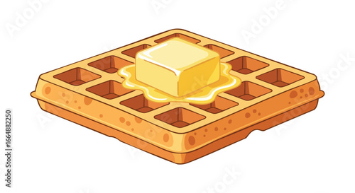 Delicious golden butter melting atop a crispy waffle with a warm glow, inviting a delightful breakfast experience with rich flavors and textures in