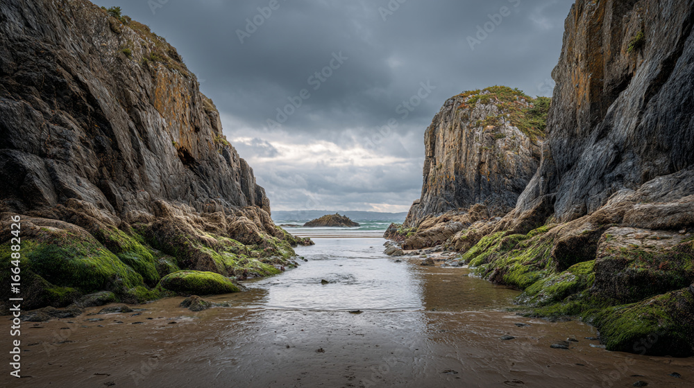 Fototapeta premium Landscape view of a beach with rocky cliffs and a small island under a cloudy sky at daytime