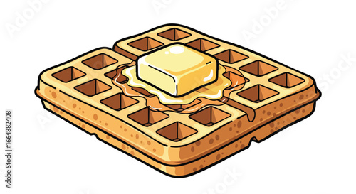 Delicious crispy waffle with melting butter topping served on a white background in a cartoon style