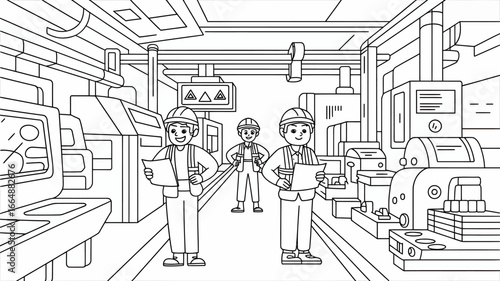 Cartoon illustration of three factory workers in helmets standing in a manufacturing plant with machinery.