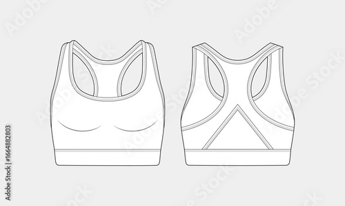 Girls sports bra fashion flat sketch vector, editable outline drawing, technical flat sketch, front view and back view, apparel design template, white background