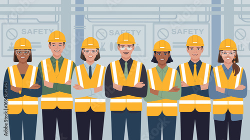 Diverse team of professionals in hard hats and safety vests stand confidently, showcasing teamwork and industrial safety.