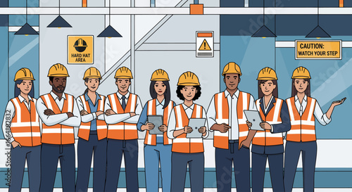 A group of diverse construction workers stand together in a factory setting, wearing safety gear.