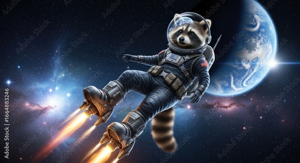 Fototapeta premium Raccoon astronaut soaring through space with earth behind