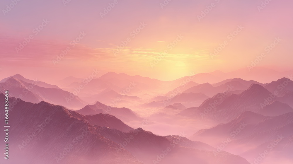 Obraz premium Stunning Pink Sunset Over Misty Mountains – Atmospheric Landscape, Nature Serenity, Soft Purple Hues, Tranquil Outdoors and Scenic View Photography