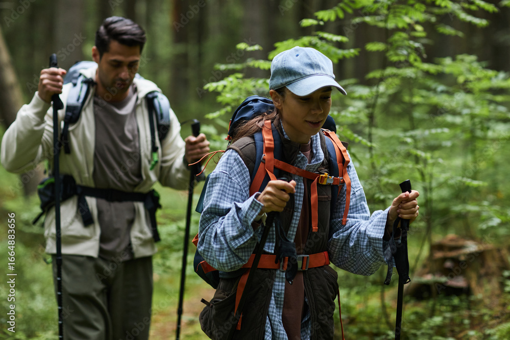 Fototapeta premium Young adult Asian woman and young adult Caucasian man hiking through forest carrying backpacks and trekking poles, both focused on trail, surrounded by green foliage and trees