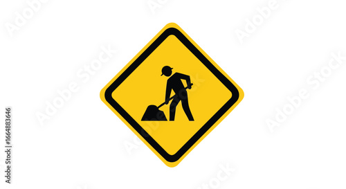 Warning Sign for Roadwork or Construction Zone with Worker Icon and Shovel Indicator in Yellow and Black Colors for Safety Alerts