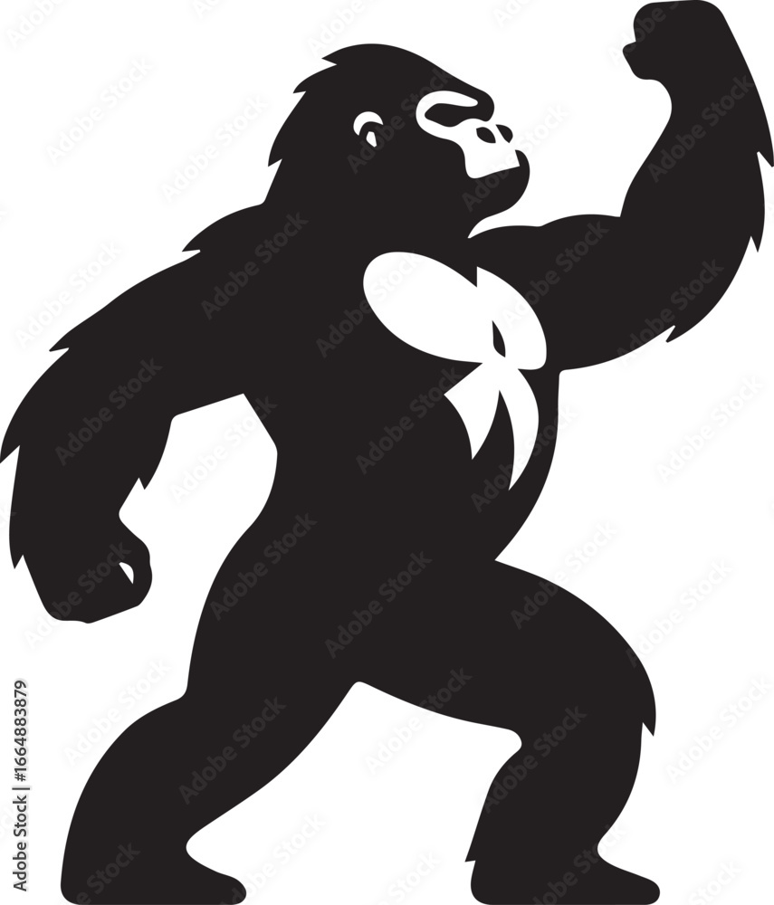 Obraz premium Gorilla Family Silhouette Vector – Black and White Wildlife Illustration of Parent and Baby Apes