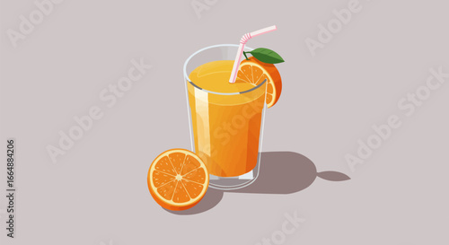 Fresh Orange Juice in a Glass with Straw and Orange Slice Garnish. Healthy Vitamin C Citrus Drink Illustration.