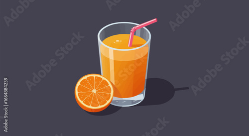 Fresh Orange Juice in Glass with Half Orange and Pink Straw Isometric Vector Illustration