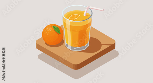 Fresh Orange Juice with Whole Orange Isometric Illustration on Wooden Board