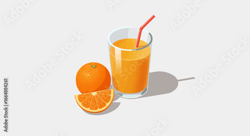 Fresh Orange Juice in Glass with Straw and Sliced Oranges - Healthy Citrus Drink Vector Illustration