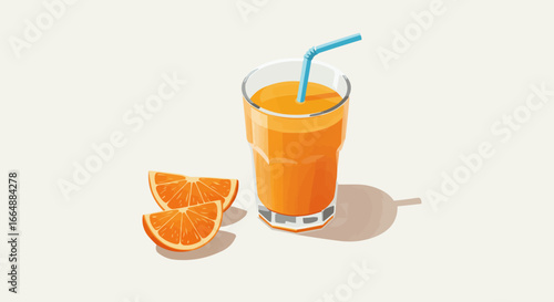 Fresh Orange Juice in Glass with Straw and Slices, Healthy Drink Illustration