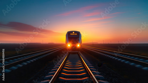Fototapeta Naklejka Na Ścianę i Meble -  A train is traveling down the tracks at sunset
