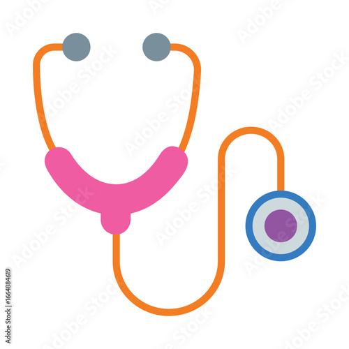 A colorful flat design vector icon of a medical stethoscope with a pink headset, orange tubing, and a blue and purple chest piece.