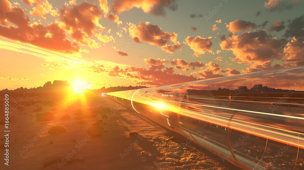Obraz premium A scenic highway at sunset with blurred light trails and golden sky