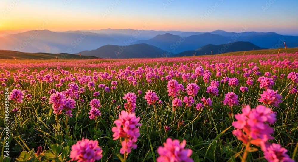 Obraz premium Breathtaking Pink Wildflower Meadow Against Layered Mountains at Golden Sunset, Serene Alpine Landscape