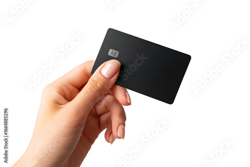 Close-up of a Hand Holding a Black Credit Card, isolated on a transparent background.

