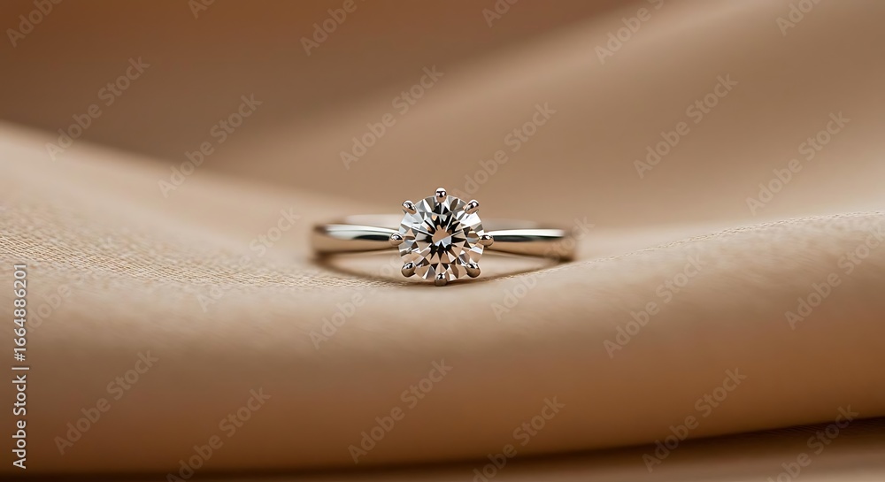 Obraz premium Close-up of a sparkling diamond engagement ring resting on a satin fabric.