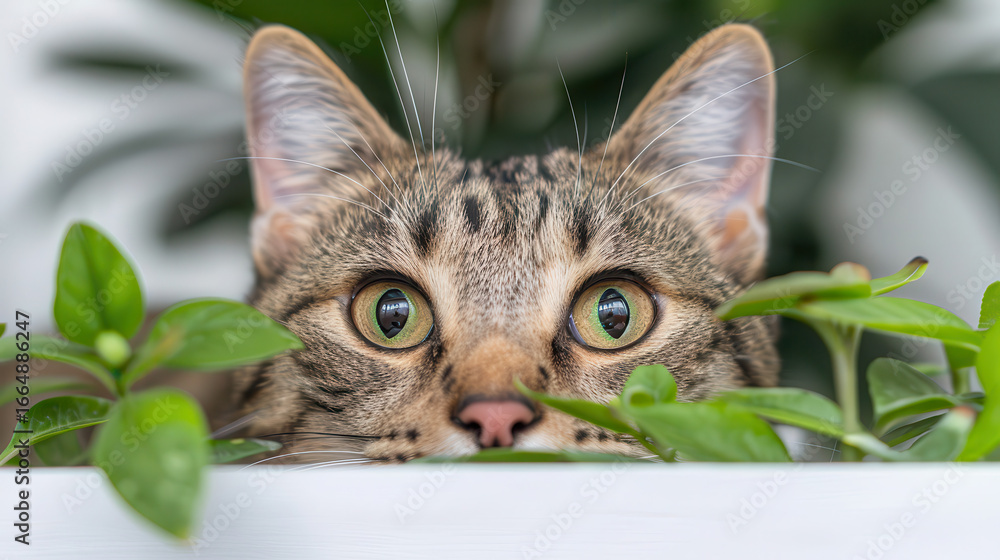 Fototapeta premium A cat is peeking out from behind a plant