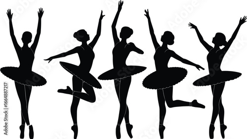 Ballerina silhouette vector set, graceful dance poses, tutu costume illustration, ballet movement collection, black graphic design, performing arts icon