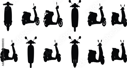 Scooter silhouette vector set, front side rear views, black graphic design, transportation icon collection, urban mobility, motorbike illustration