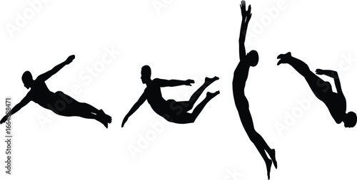 Swimming and diving silhouette vector set, dynamic human motion poses, black graphic design, water sport illustration, athletic movement collection